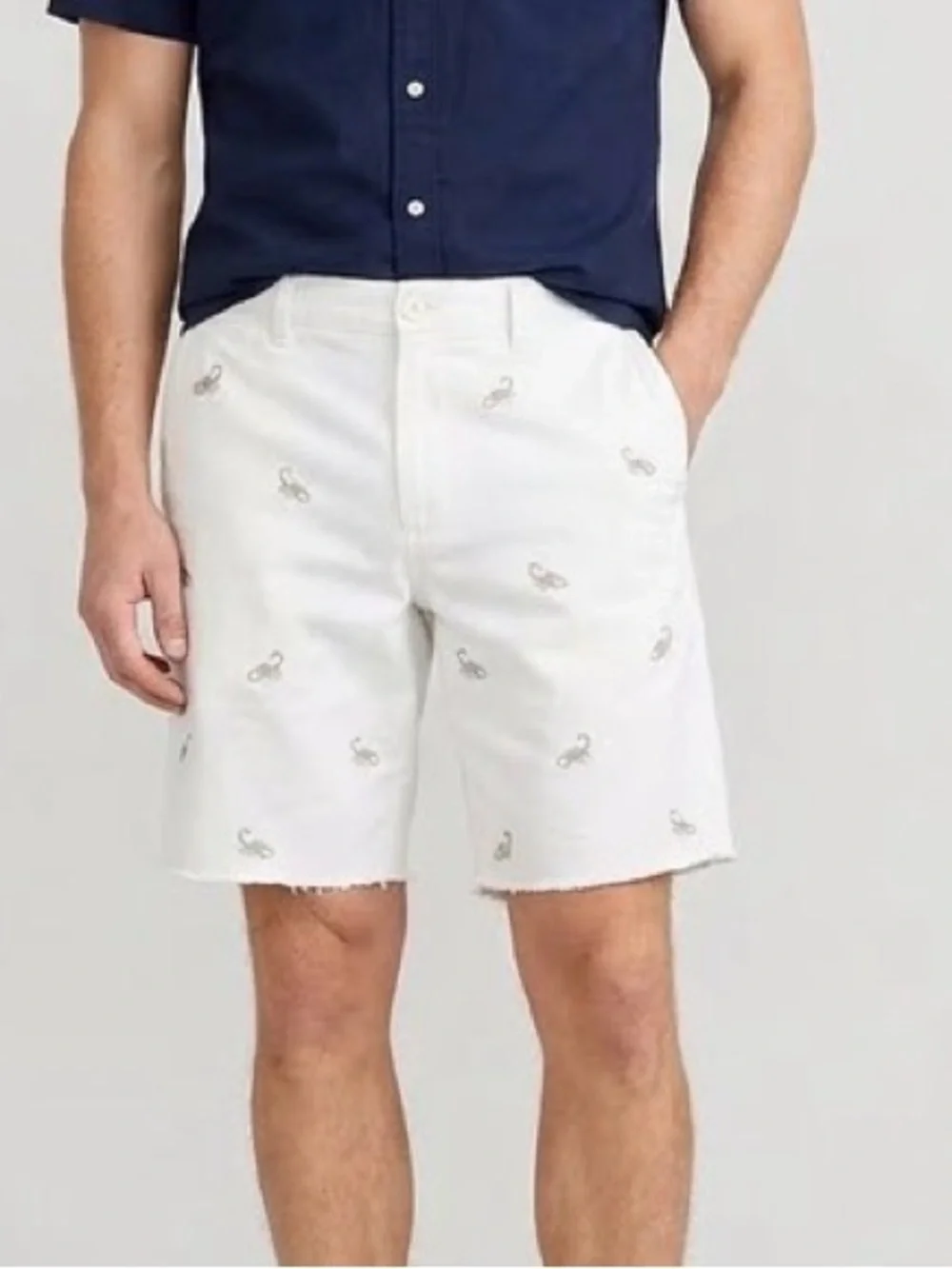 J Crew White Broken In Embroidered Scorpion Cut Off Bermuda Shorts Mens sz31 EUC